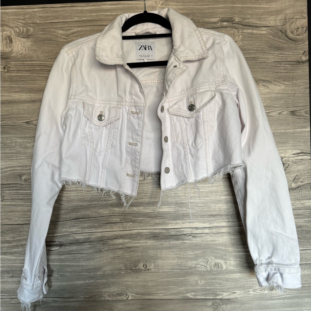 Zara Cropped White Denim Jacket Size Medium # 5252 078 250